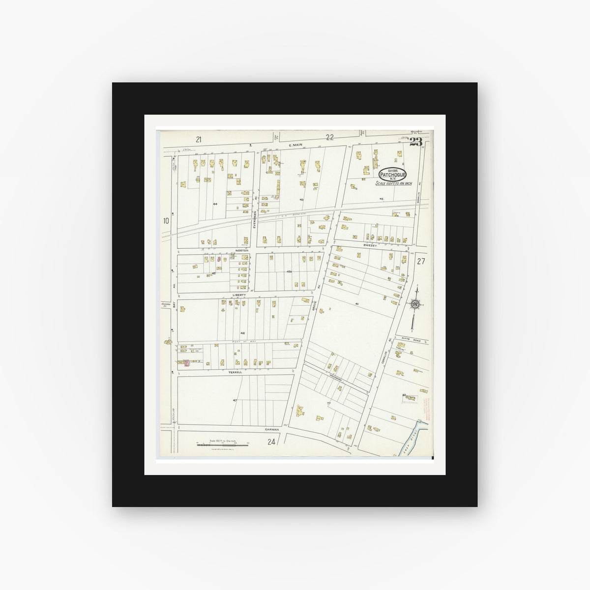 Old map wall art mockup — black gallery frame with white mat — Sanborn Fire Insurance Map from Patchogue, Suffolk County, New York (1916), Sheet #0023