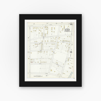 Old map wall art mockup — black gallery frame with white mat — Sanborn Fire Insurance Map from Patchogue, Suffolk County, New York (1916), Sheet #0023