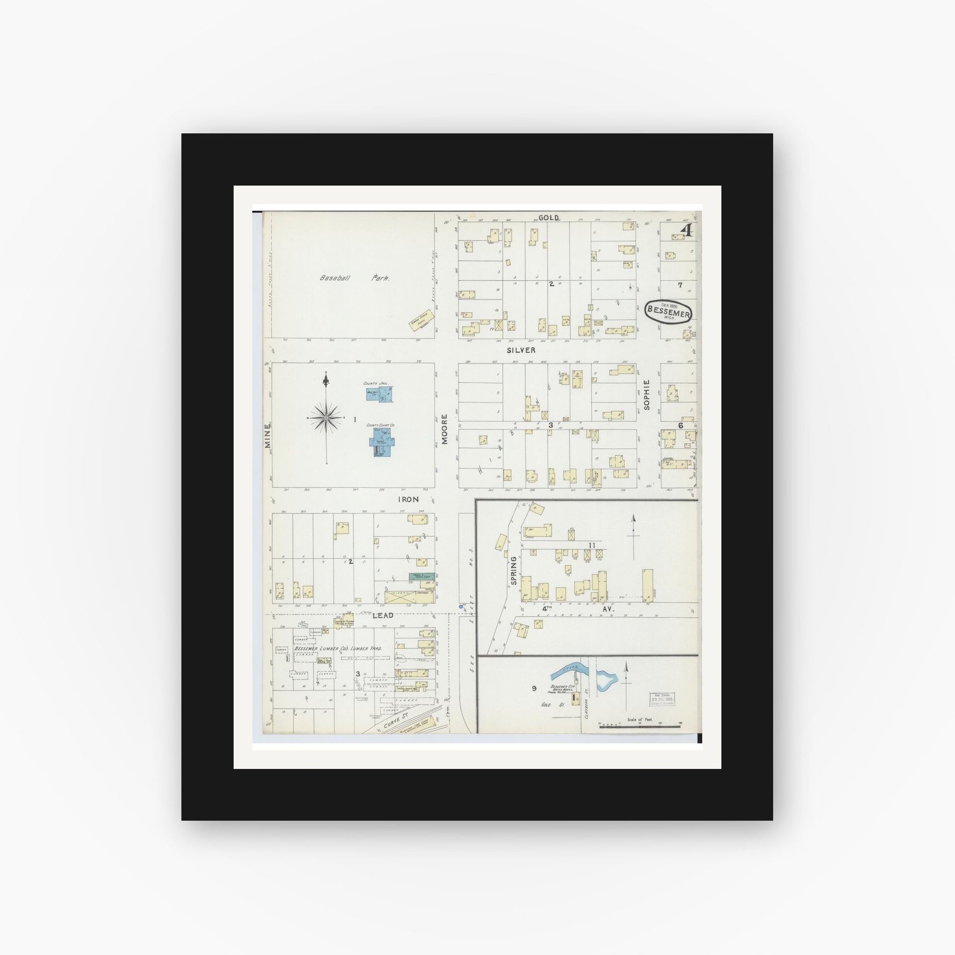 Old map wall art mockup — black gallery frame with white mat — Sanborn Fire Insurance Map from Bessemer, Gogebic County, Michigan (1891), Sheet #0004