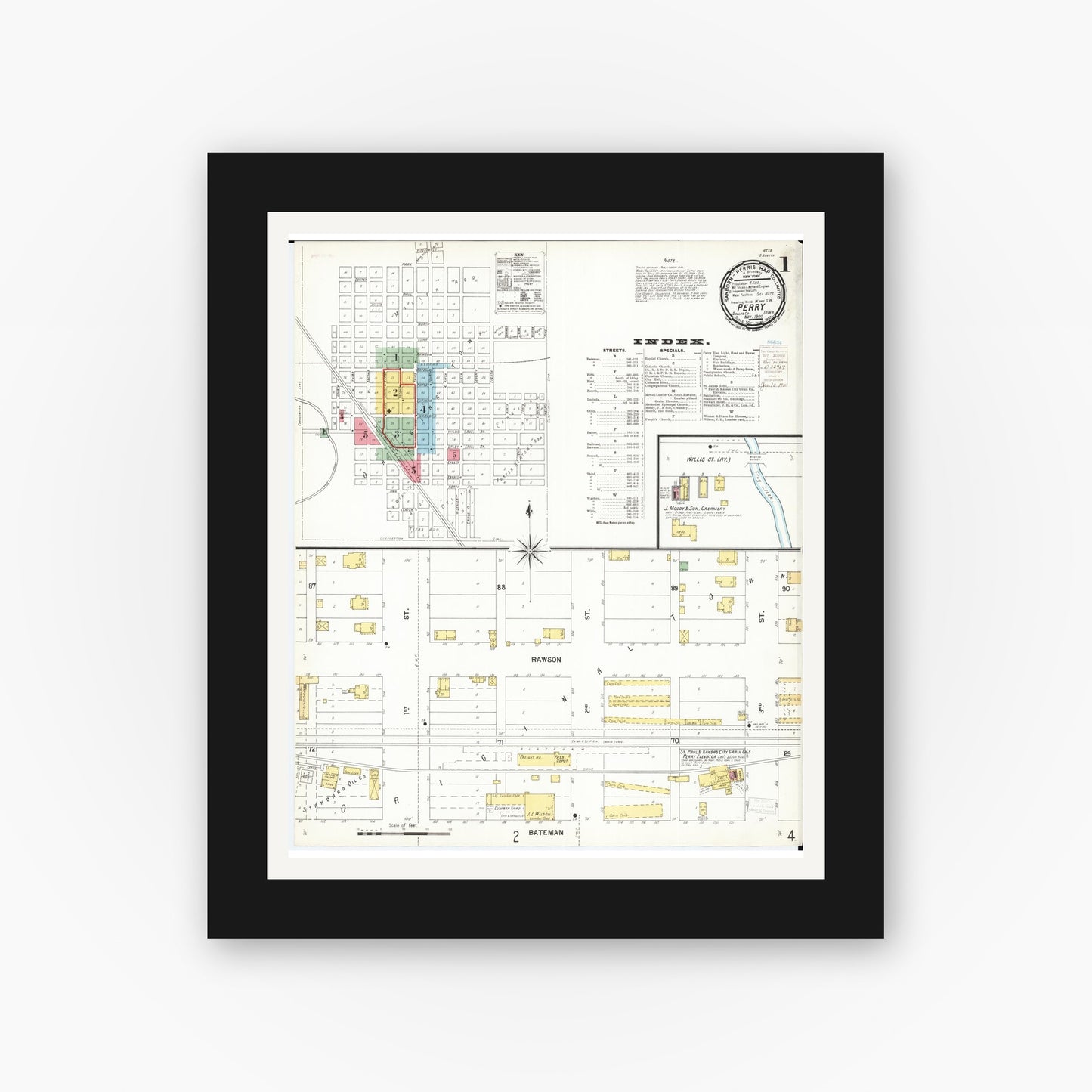 Old map wall art mockup — black gallery frame with white mat — Sanborn Fire Insurance Map from Perry, Dallas County, Iowa (1900), Sheet #0001
