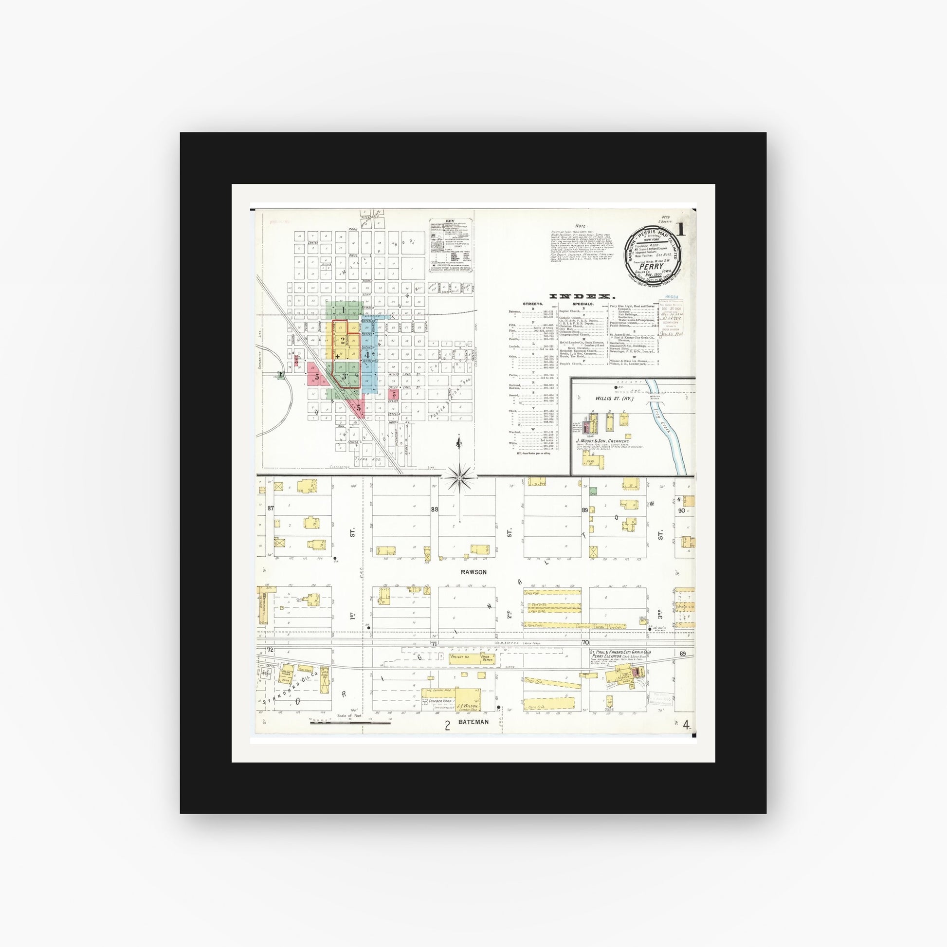Old map wall art mockup — black gallery frame with white mat — Sanborn Fire Insurance Map from Perry, Dallas County, Iowa (1900), Sheet #0001