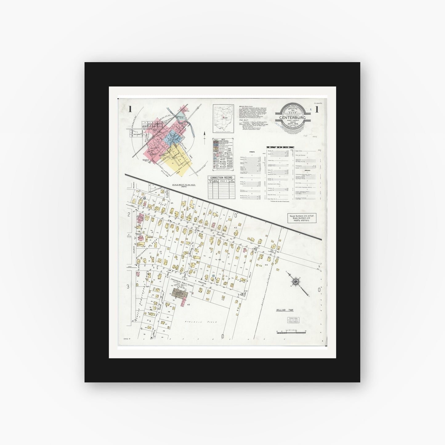 Old map wall art mockup — black gallery frame with white mat — Sanborn Fire Insurance Map from Centerburg, Knox County, Ohio (1949), Sheet #0001