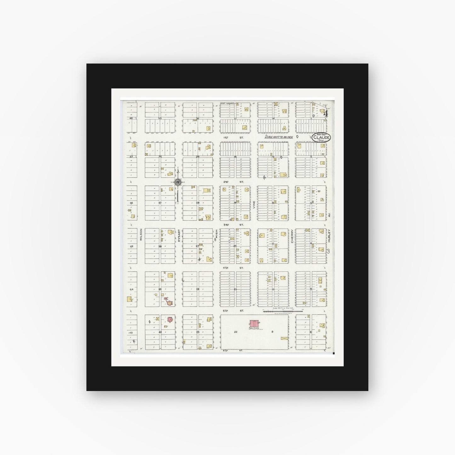 Old map wall art mockup — black gallery frame with white mat — Sanborn Fire Insurance Map from Claude, Armstrong County, Texas (1921), Sheet #0004
