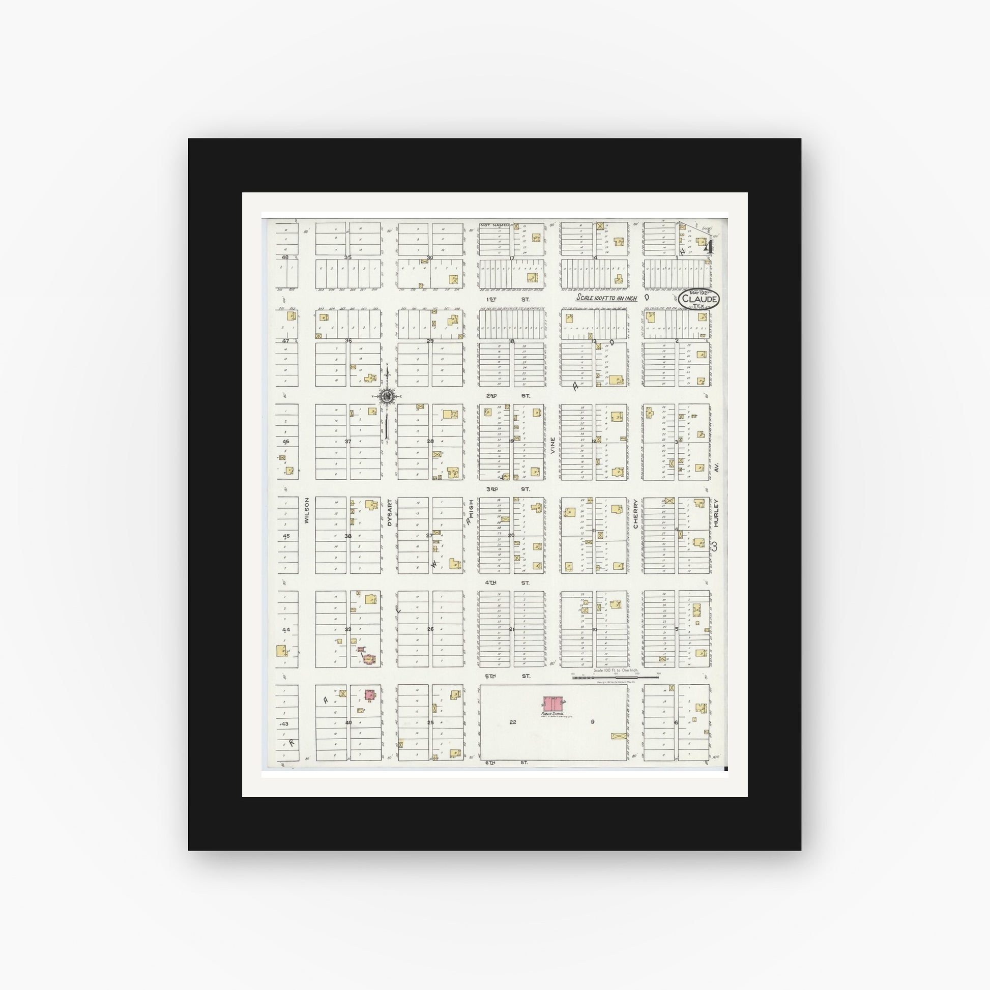 Old map wall art mockup — black gallery frame with white mat — Sanborn Fire Insurance Map from Claude, Armstrong County, Texas (1921), Sheet #0004