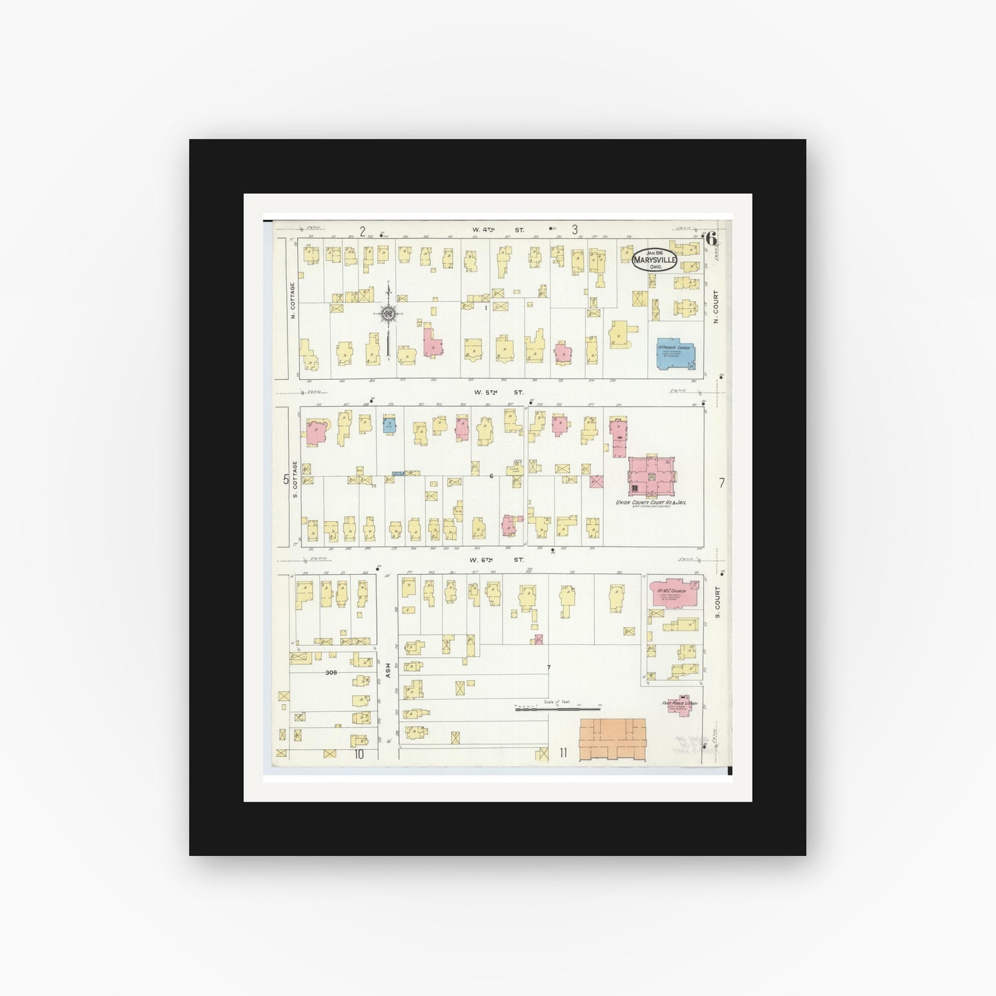 Old map wall art mockup — black gallery frame with white mat — Sanborn Fire Insurance Map from Marysville, Union County, Ohio (1916), Sheet #0006