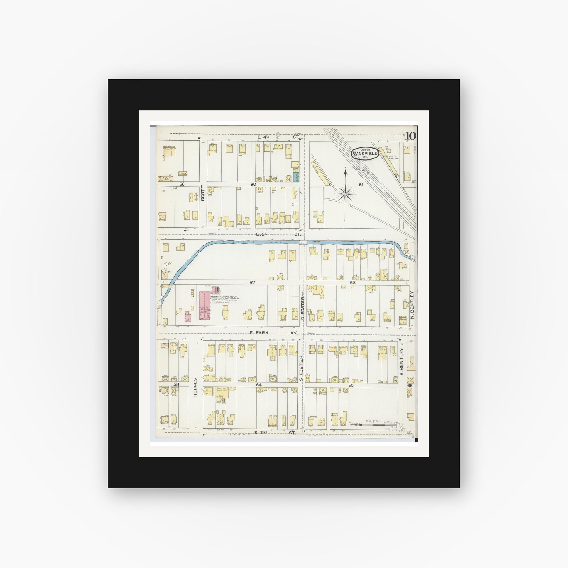 Old map wall art mockup — black gallery frame with white mat — Sanborn Fire Insurance Map from Mansfield, Richland County, Ohio (1892), Sheet #0010