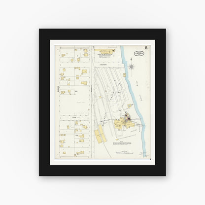 Old map wall art mockup — black gallery frame with white mat — Sanborn Fire Insurance Map from Orange, Orange County, Texas (1896), Sheet #0008