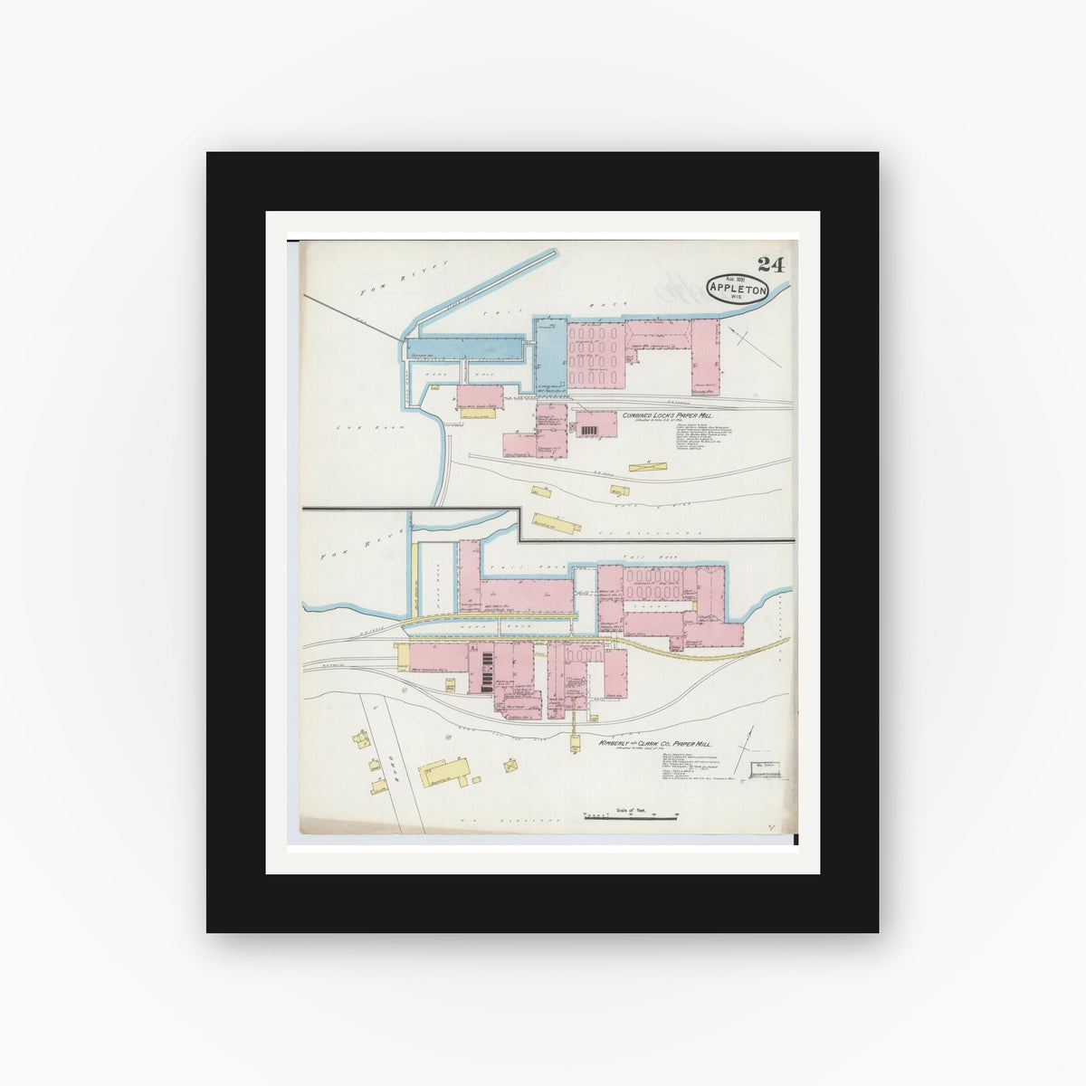 Old map wall art mockup — black gallery frame with white mat — Sanborn Fire Insurance Map from Appleton, Outagamie County, Wisconsin (1891), Sheet #0024