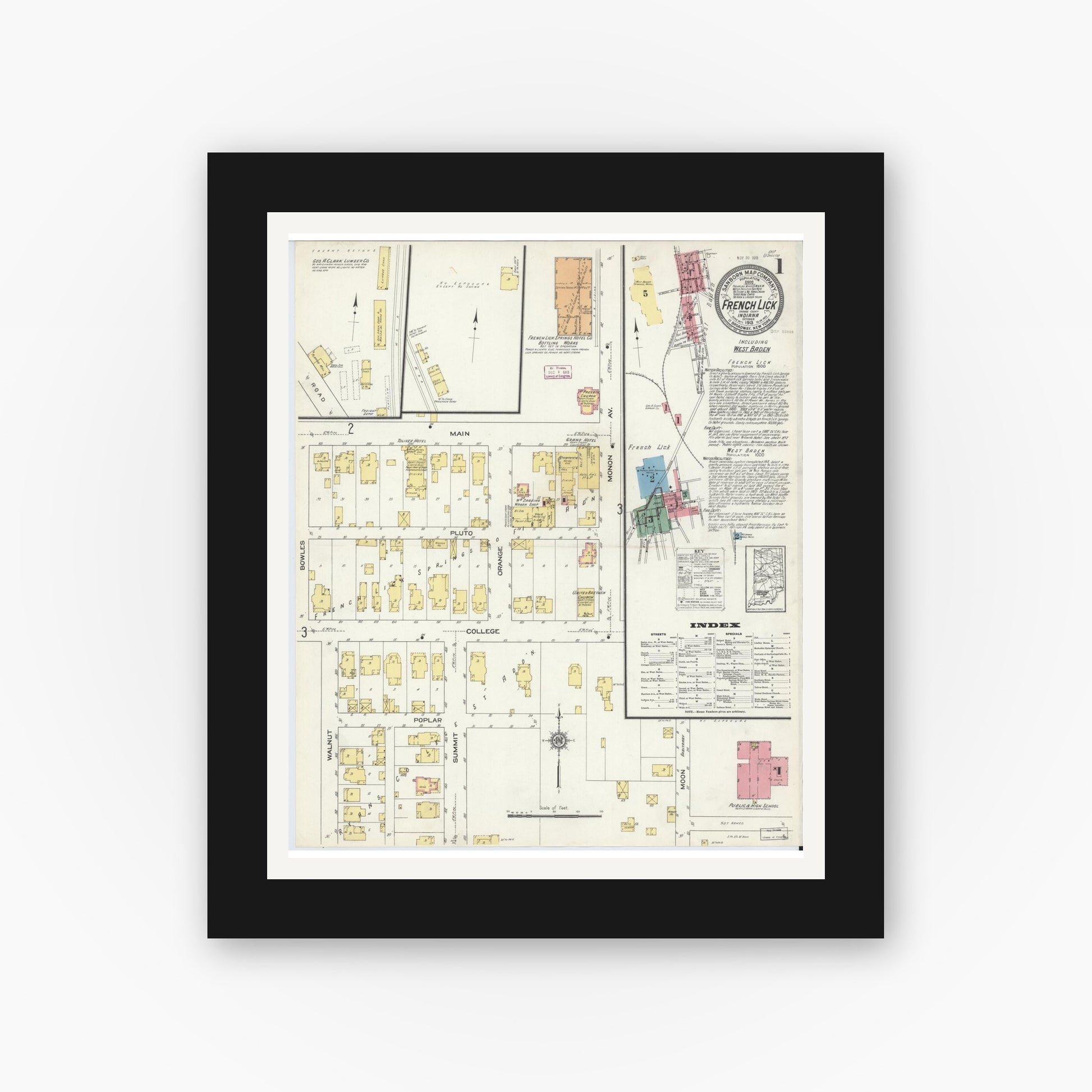 Old map wall art mockup — black gallery frame with white mat — Sanborn Fire Insurance Map from French Lick, Orange County, Indiana (1913) - Complete Map Set