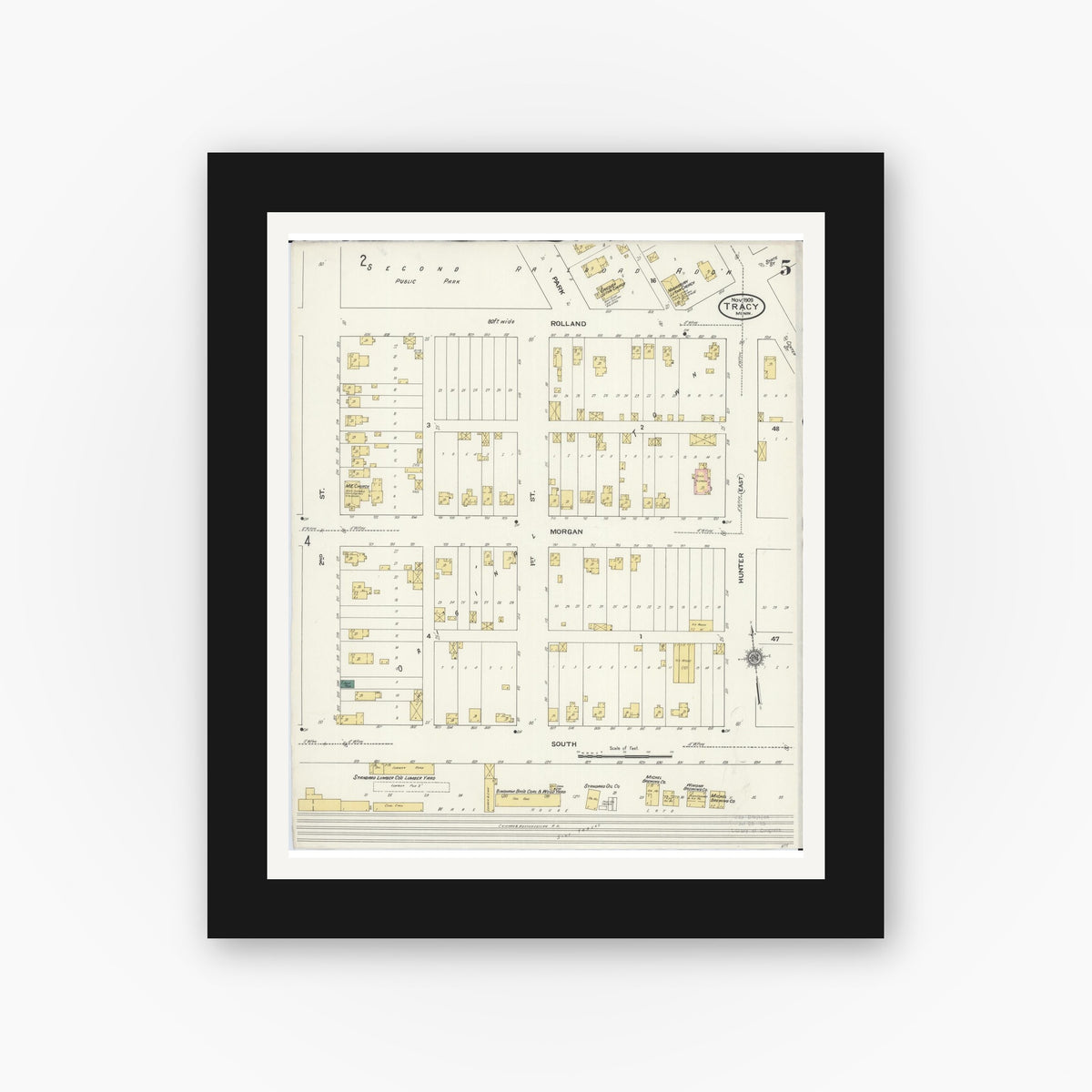 Old map wall art mockup — black gallery frame with white mat — Sanborn Fire Insurance Map from Tracy, Lyon County, Minnesota (1909), Sheet #0005