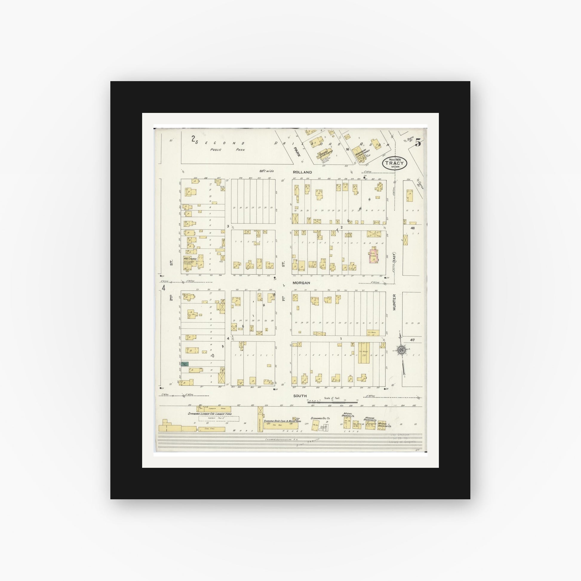 Old map wall art mockup — black gallery frame with white mat — Sanborn Fire Insurance Map from Tracy, Lyon County, Minnesota (1909), Sheet #0005