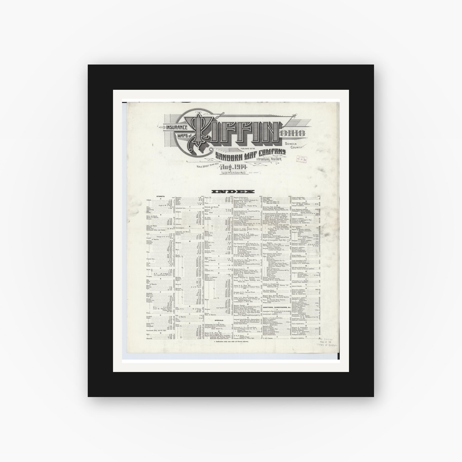 Old map wall art mockup — black gallery frame with white mat — Sanborn Fire Insurance Map from Tiffin, Seneca County, Ohio (1914), Sheet #0001