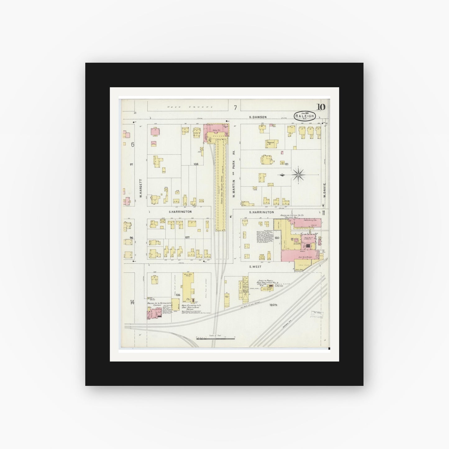 Old map wall art mockup — black gallery frame with white mat — Sanborn Fire Insurance Map from Raleigh, Wake County, North Carolina (1896), Sheet #0010