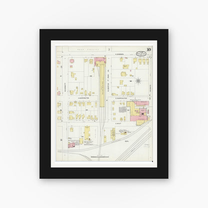 Old map wall art mockup — black gallery frame with white mat — Sanborn Fire Insurance Map from Raleigh, Wake County, North Carolina (1896), Sheet #0010