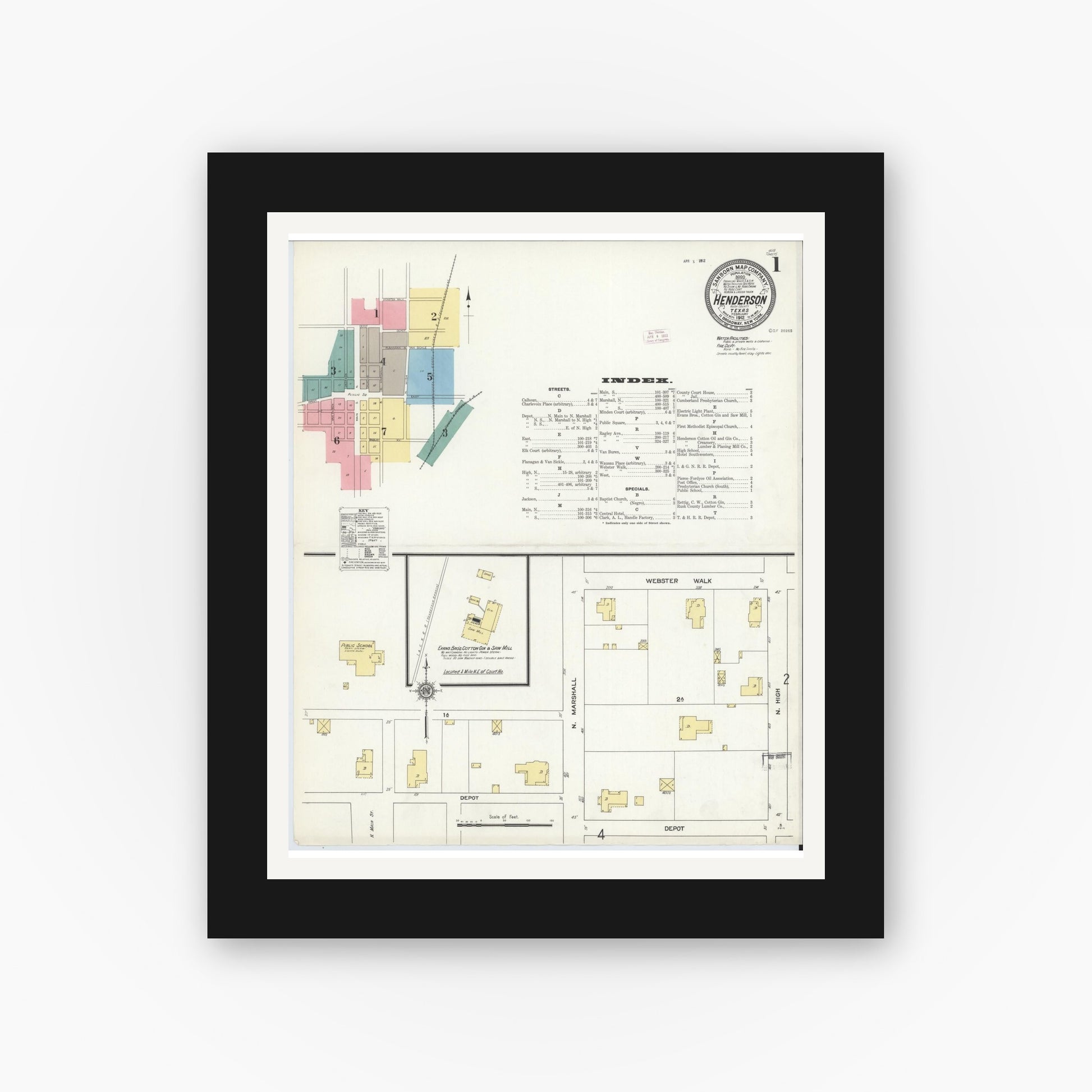 Old map wall art mockup — black gallery frame with white mat — Sanborn Fire Insurance Map from Henderson, Rusk County, Texas (1912), Sheet #0001