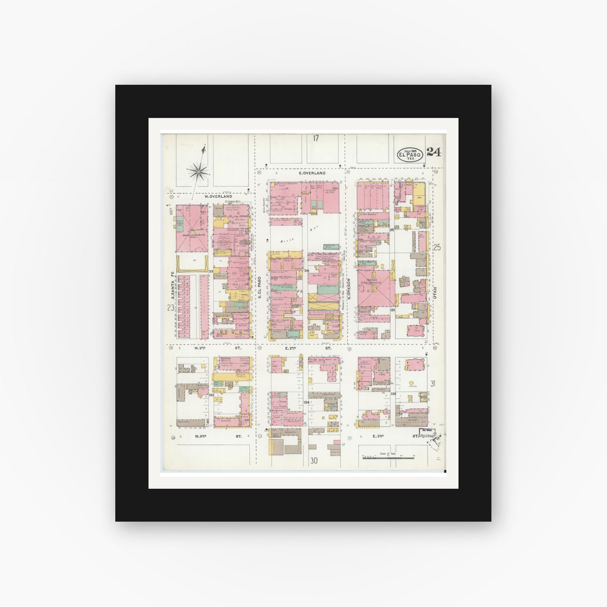 Old map wall art mockup — black gallery frame with white mat — Sanborn Fire Insurance Map from El Paso, El Paso County, Texas (1905), Sheet #0024