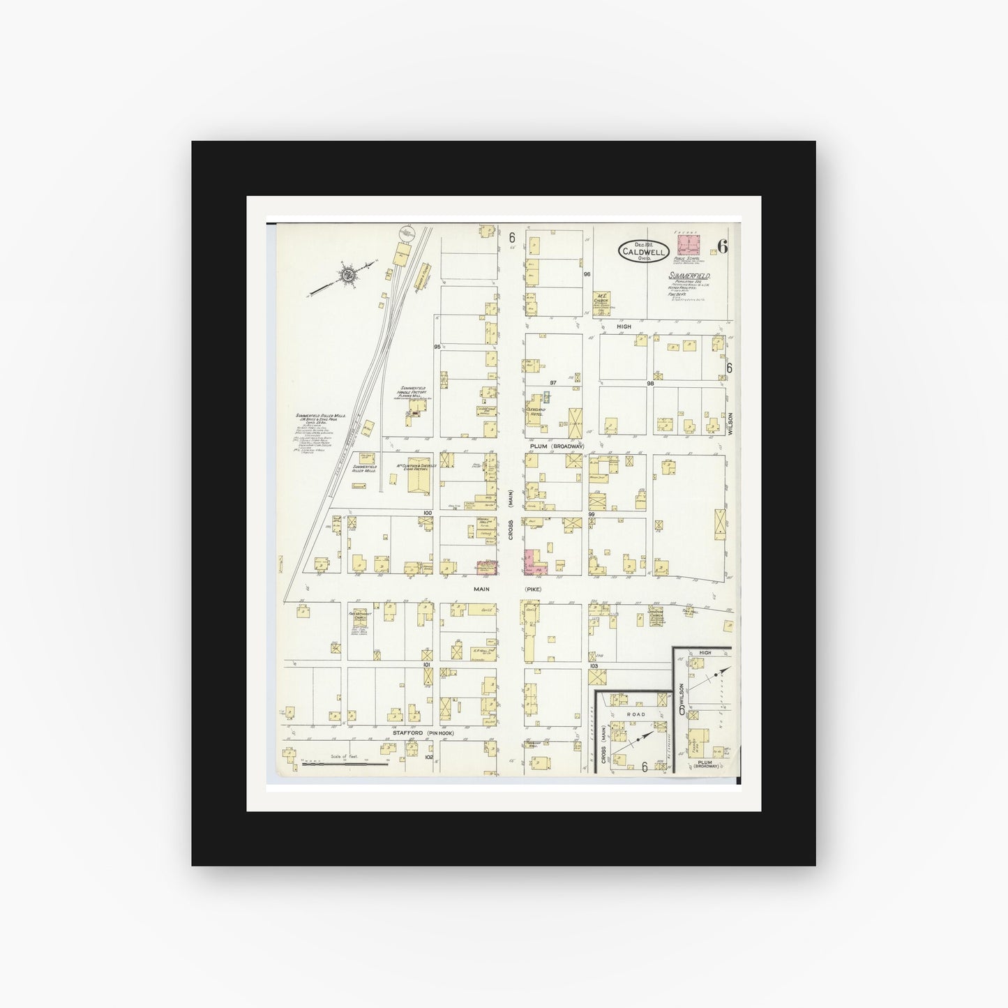 Old map wall art mockup — black gallery frame with white mat — Sanborn Fire Insurance Map from Caldwell, Noble County, Ohio (1911), Sheet #0006