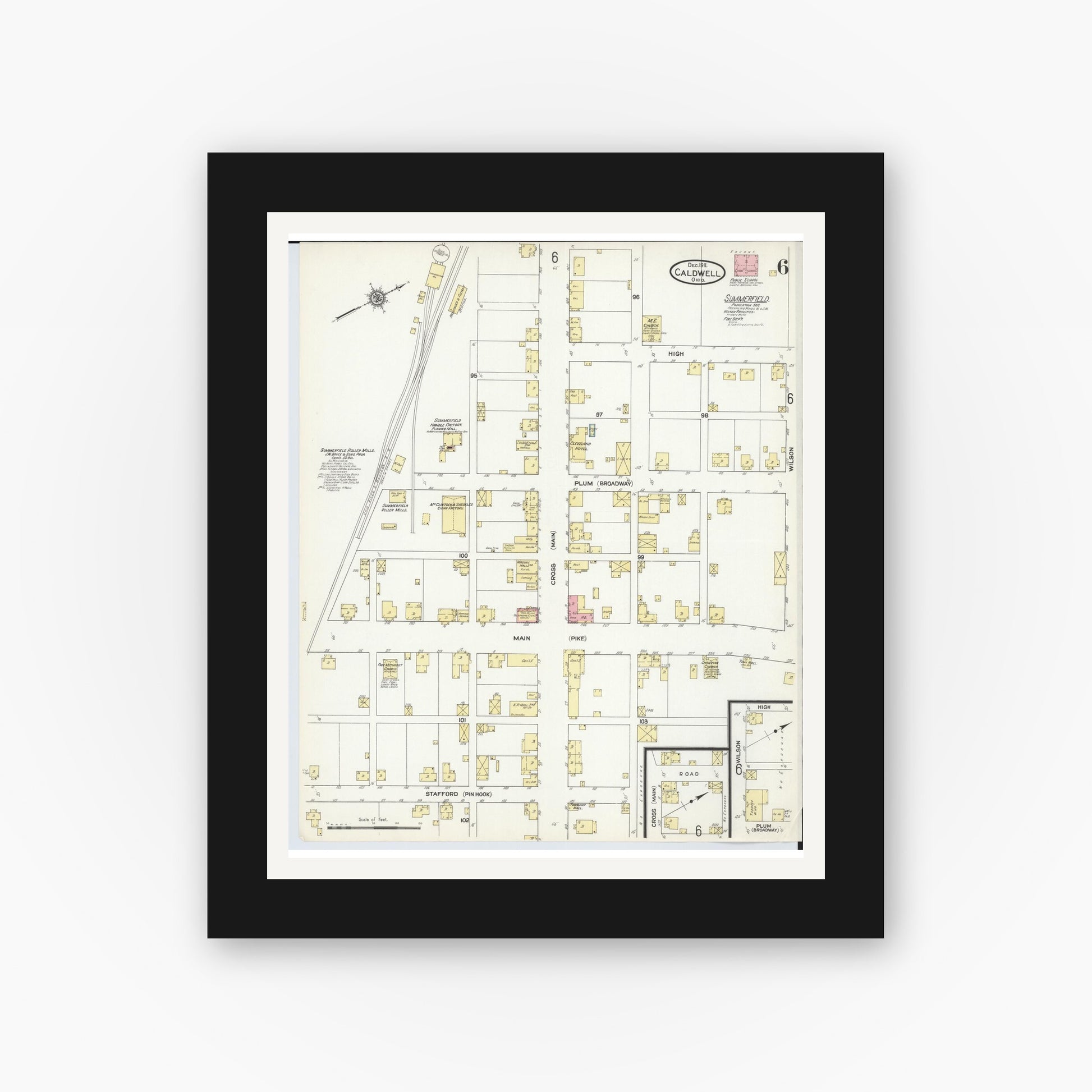 Old map wall art mockup — black gallery frame with white mat — Sanborn Fire Insurance Map from Caldwell, Noble County, Ohio (1911), Sheet #0006