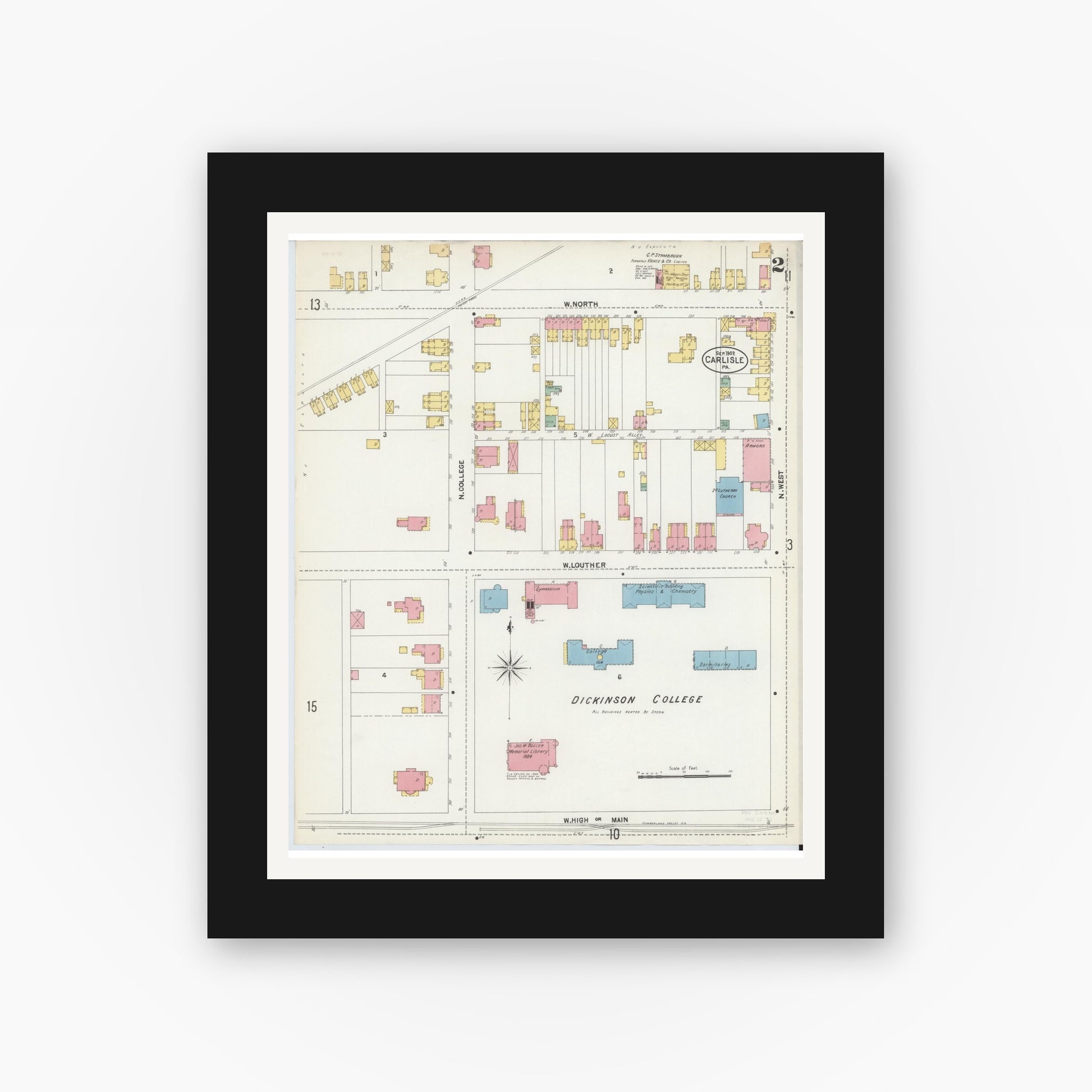 Old map wall art mockup — black gallery frame with white mat — Sanborn Fire Insurance Map from Carlisle, Cumberland County, Pennsylvania (1902), Sheet #0002