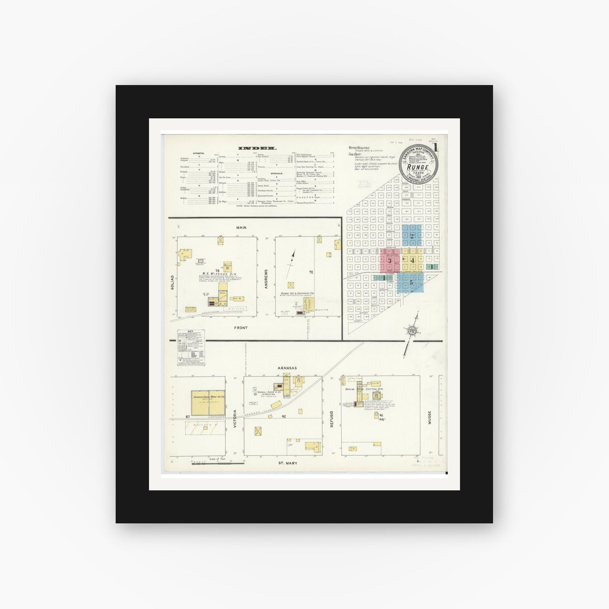 Old map wall art mockup — black gallery frame with white mat — Sanborn Fire Insurance Map from Runge, Karnes County, Texas (1912), Sheet #0001