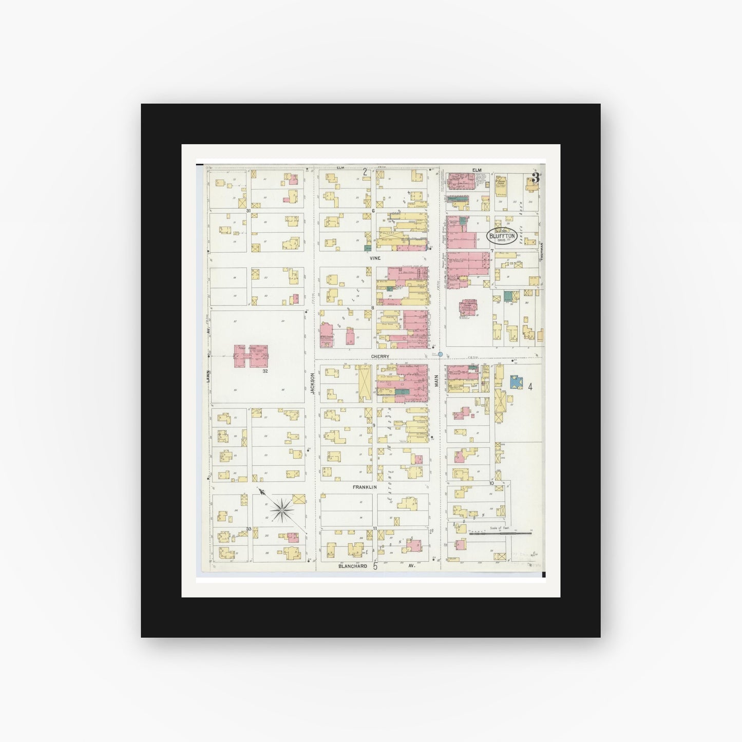 Old map wall art mockup — black gallery frame with white mat — Sanborn Fire Insurance Map from Bluffton, Allen County, Ohio (1901), Sheet #0003