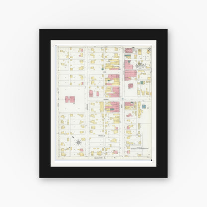 Old map wall art mockup — black gallery frame with white mat — Sanborn Fire Insurance Map from Bluffton, Allen County, Ohio (1901), Sheet #0003