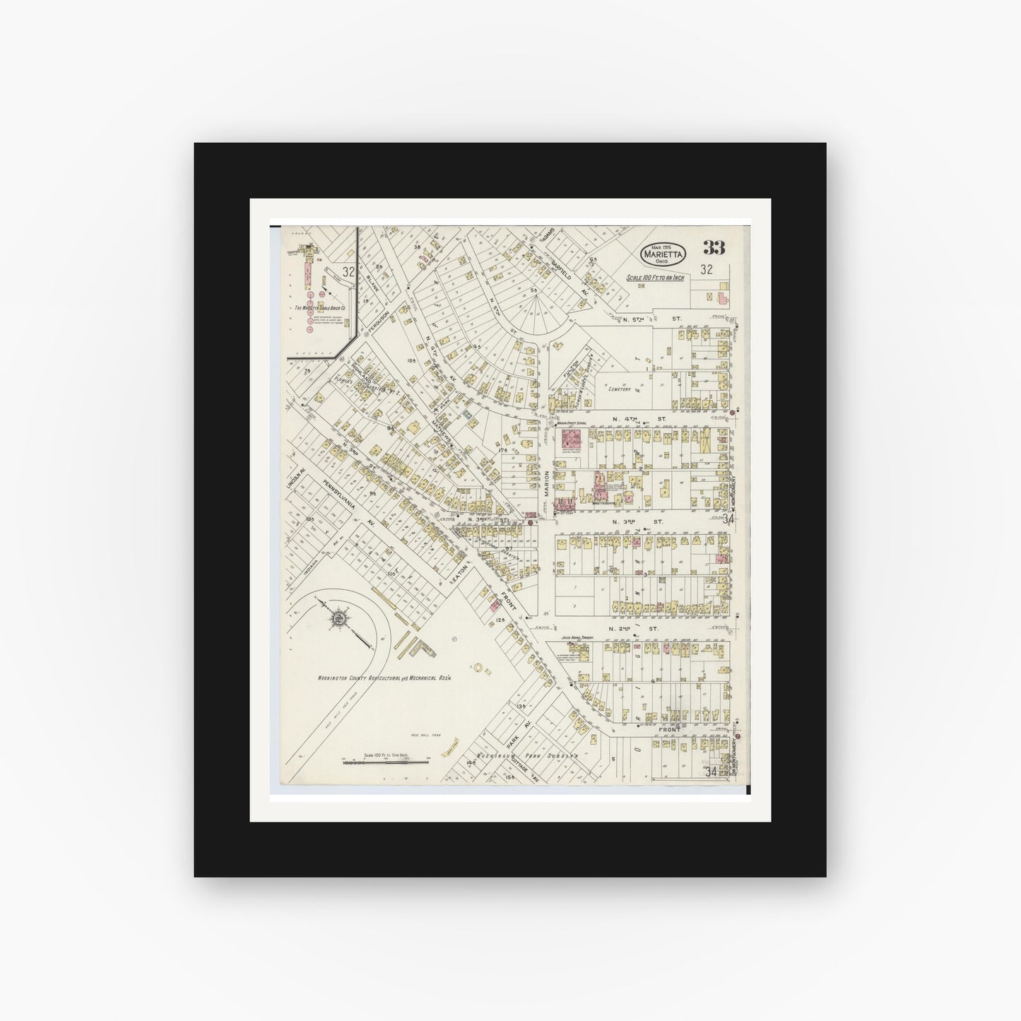 Old map wall art mockup — black gallery frame with white mat — Sanborn Fire Insurance Map from Marietta, Washington County, Ohio (1915), Sheet #0033