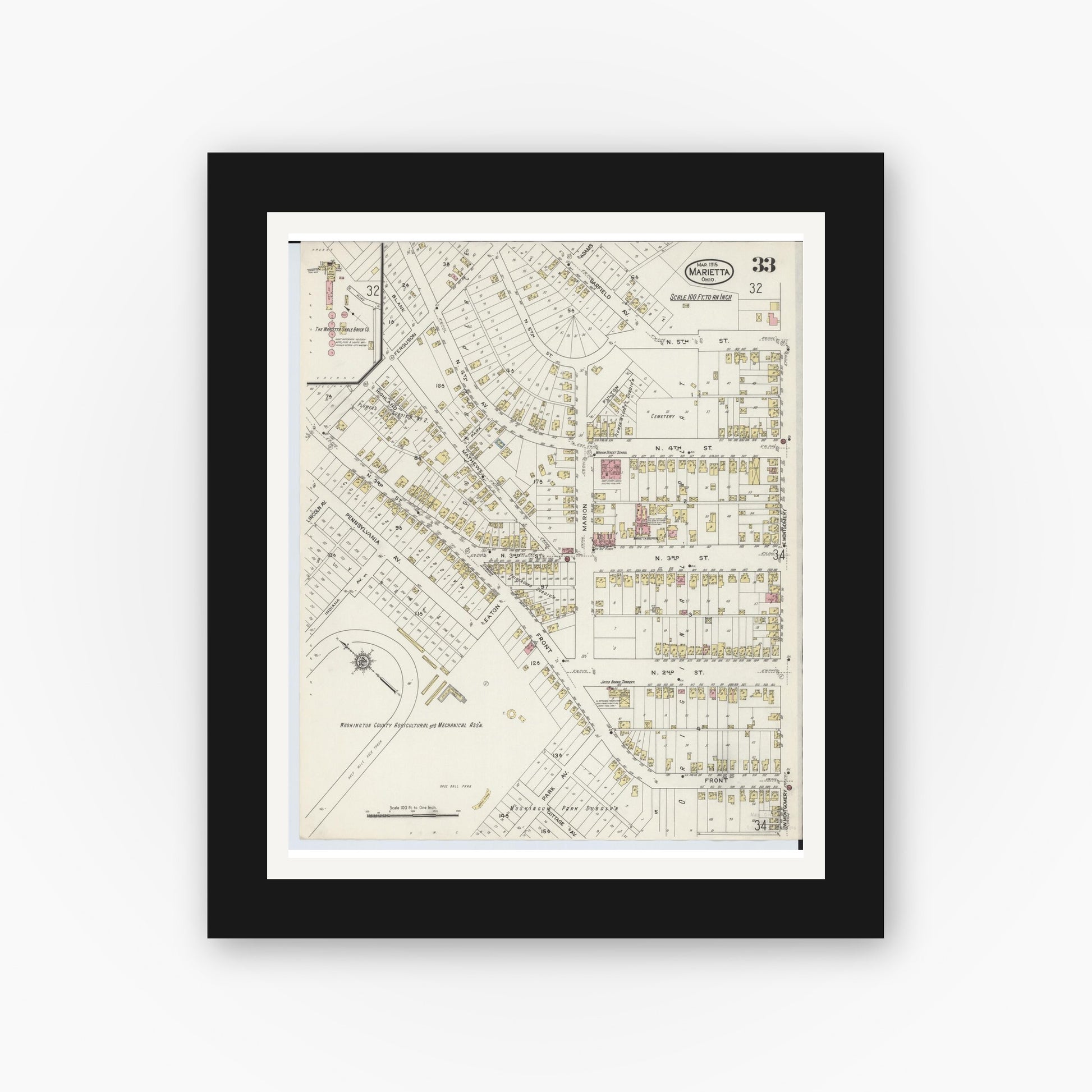 Old map wall art mockup — black gallery frame with white mat — Sanborn Fire Insurance Map from Marietta, Washington County, Ohio (1915), Sheet #0033