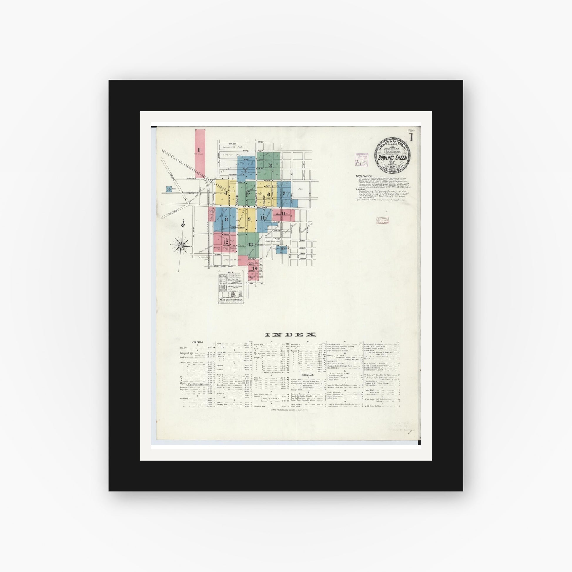 Old map wall art mockup — black gallery frame with white mat — Sanborn Fire Insurance Map from Bowling Green, Wood County, Ohio (1908), Sheet #0001
