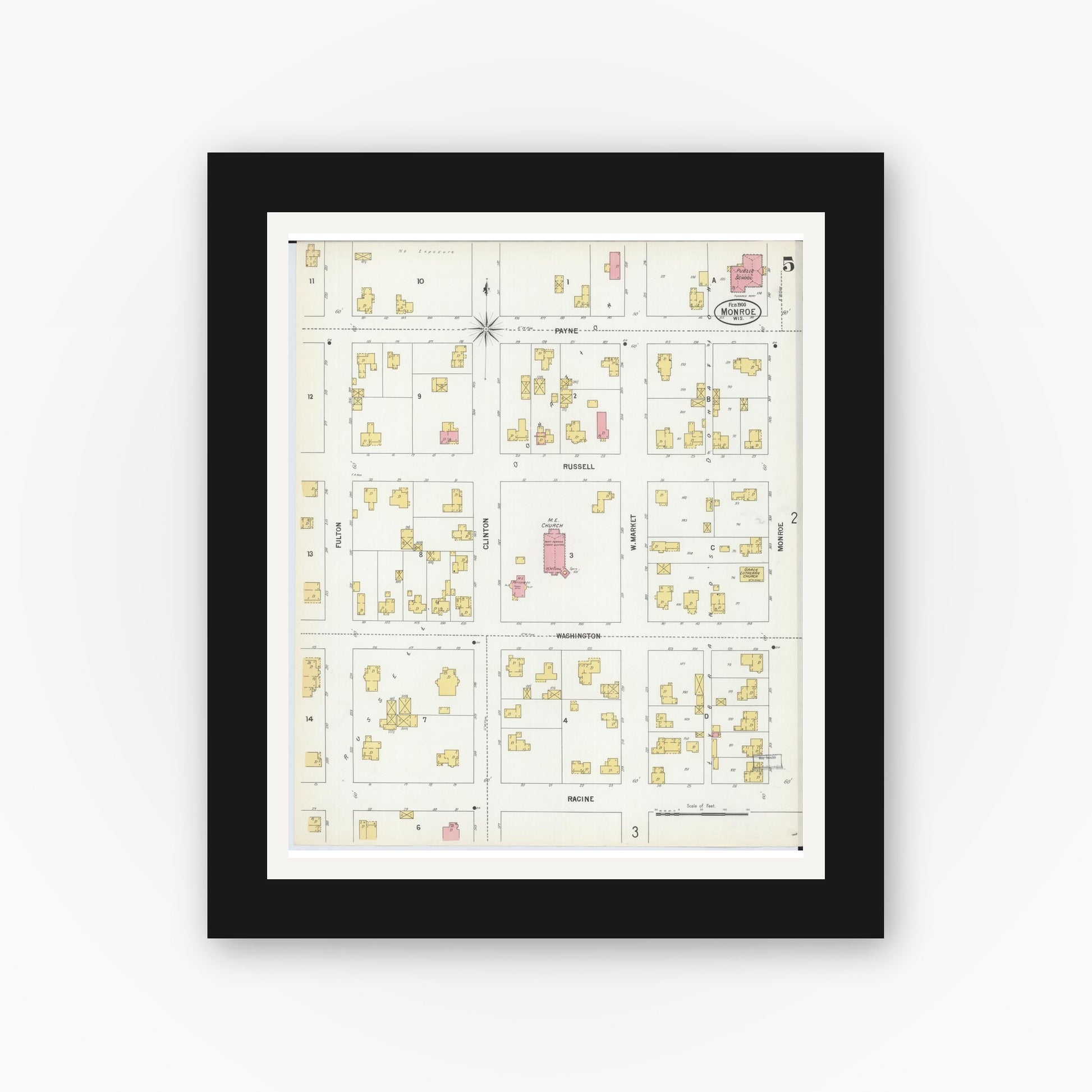 Old map wall art mockup — black gallery frame with white mat — Sanborn Fire Insurance Map from Monroe, Green County, Wisconsin (1900), Sheet #0005