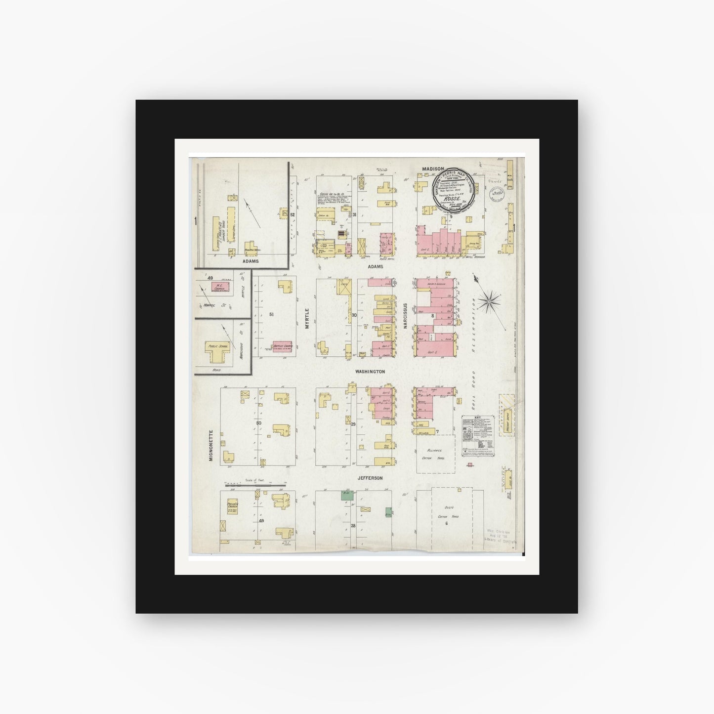 Old map wall art mockup — black gallery frame with white mat — Sanborn Fire Insurance Map from Kosse, Limestone County, Texas (1899), Sheet #0001