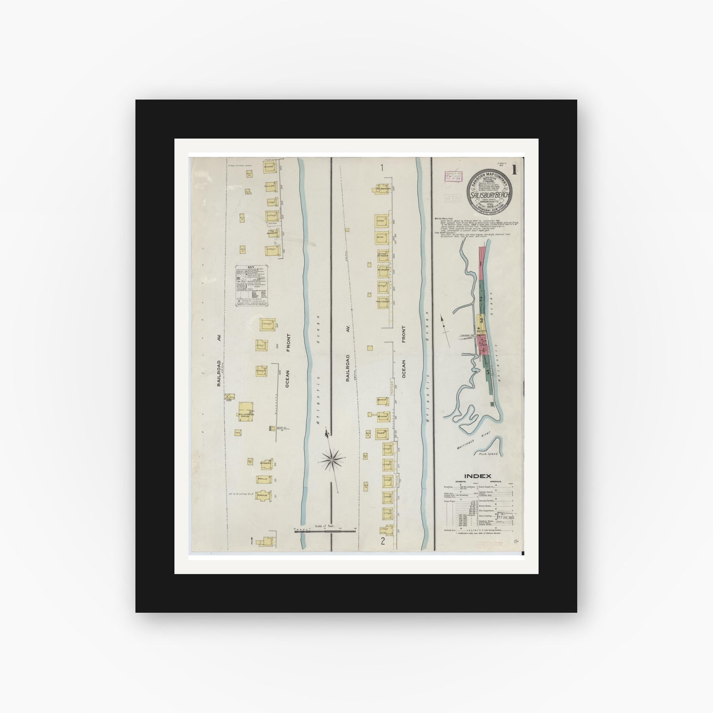 Old map wall art mockup — black gallery frame with white mat — Sanborn Fire Insurance Map from Salisbury, Essex County, Massachusetts (1909), Sheet #0001