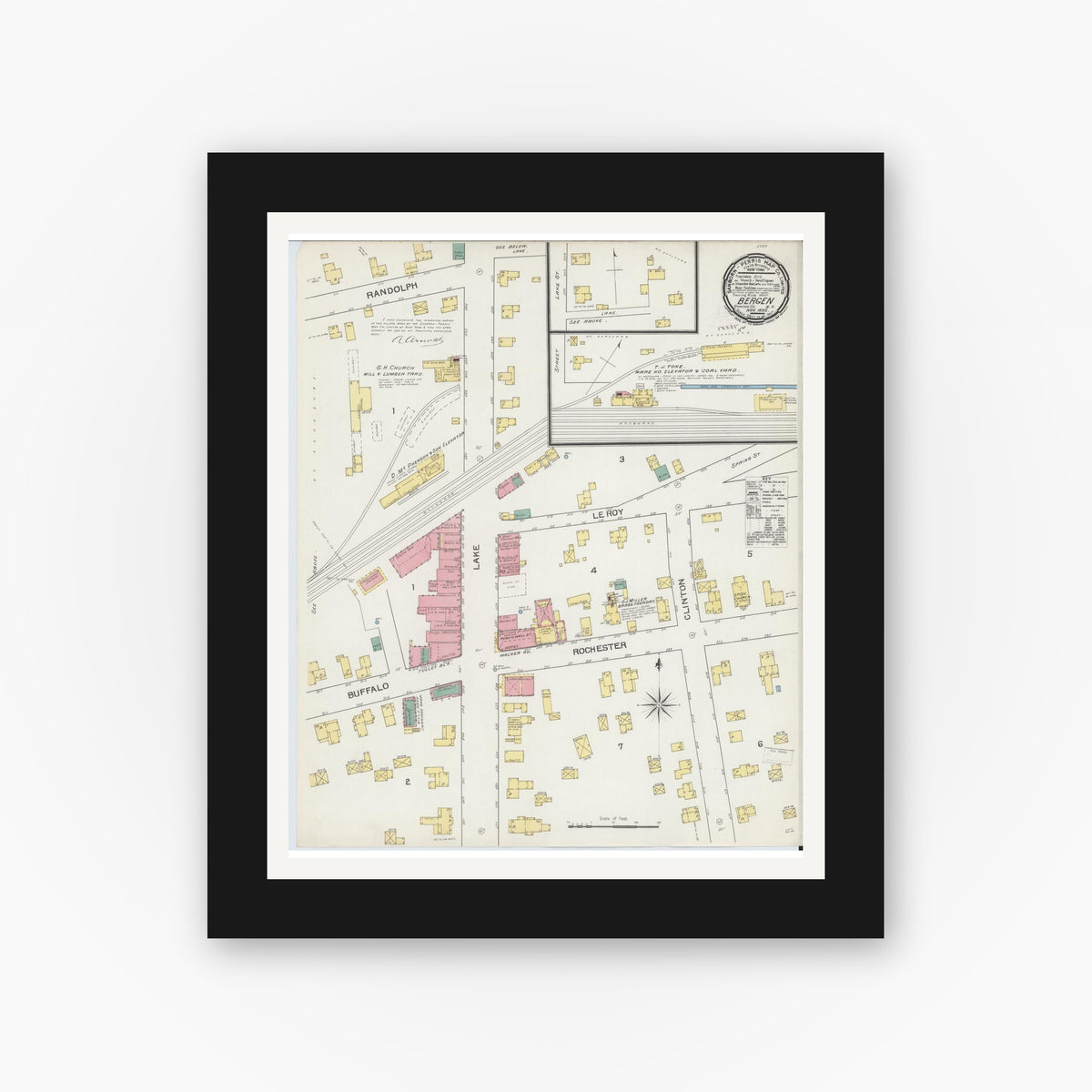 Old map wall art mockup — black gallery frame with white mat — Sanborn Fire Insurance Map from Bergen, Genesee County, New York (1892), Sheet #0001