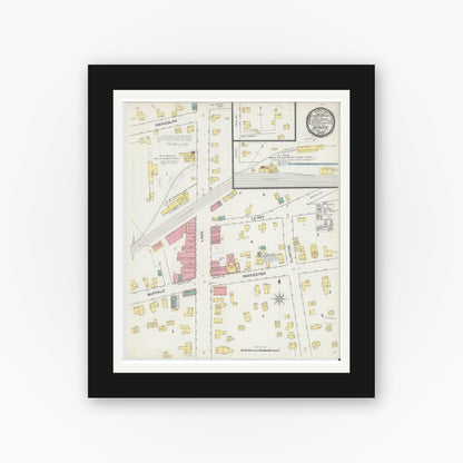 Old map wall art mockup — black gallery frame with white mat — Sanborn Fire Insurance Map from Bergen, Genesee County, New York (1892), Sheet #0001