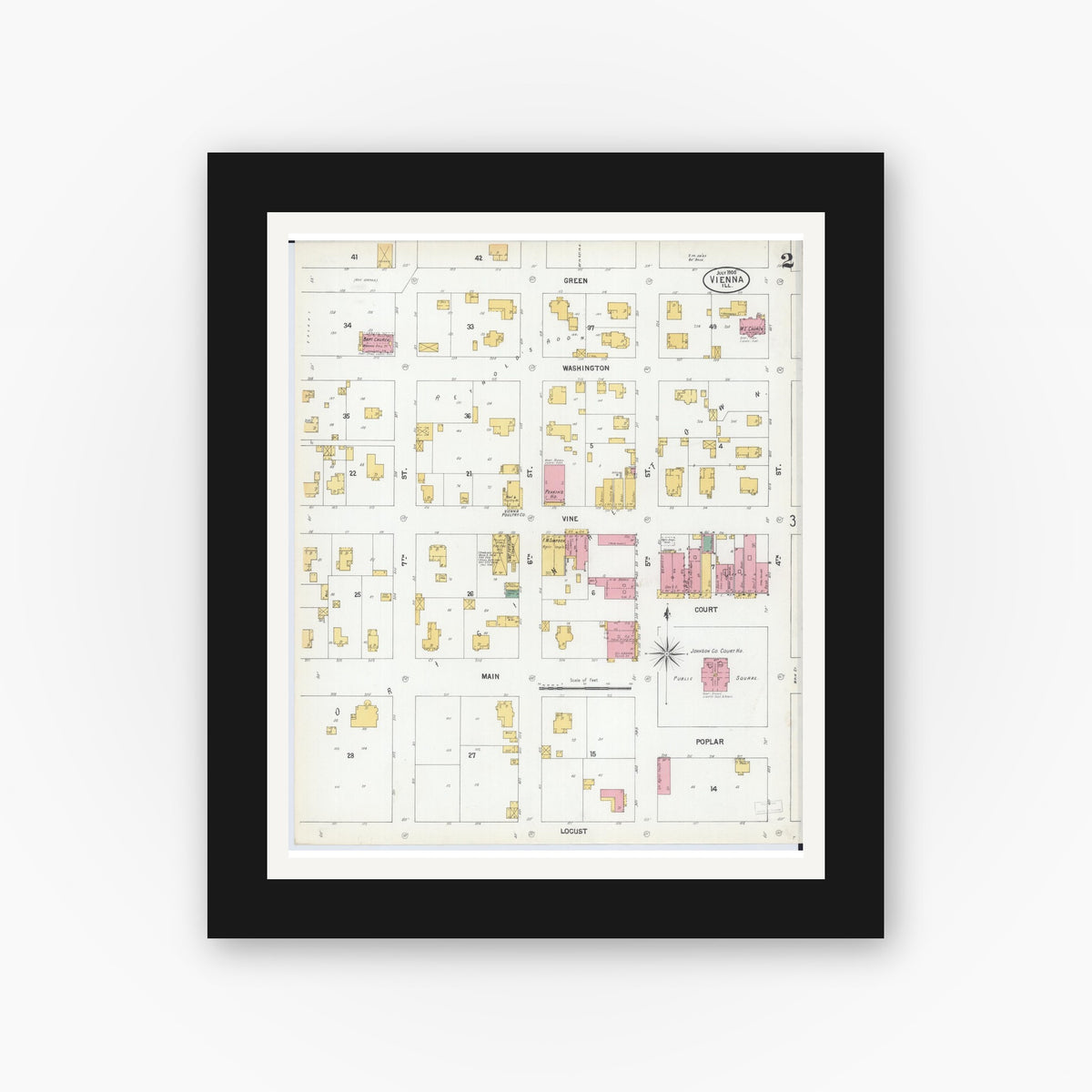 Old map wall art mockup — black gallery frame with white mat — Sanborn Fire Insurance Map from Vienna, Johnson County, Illinois (1900), Sheet #0002