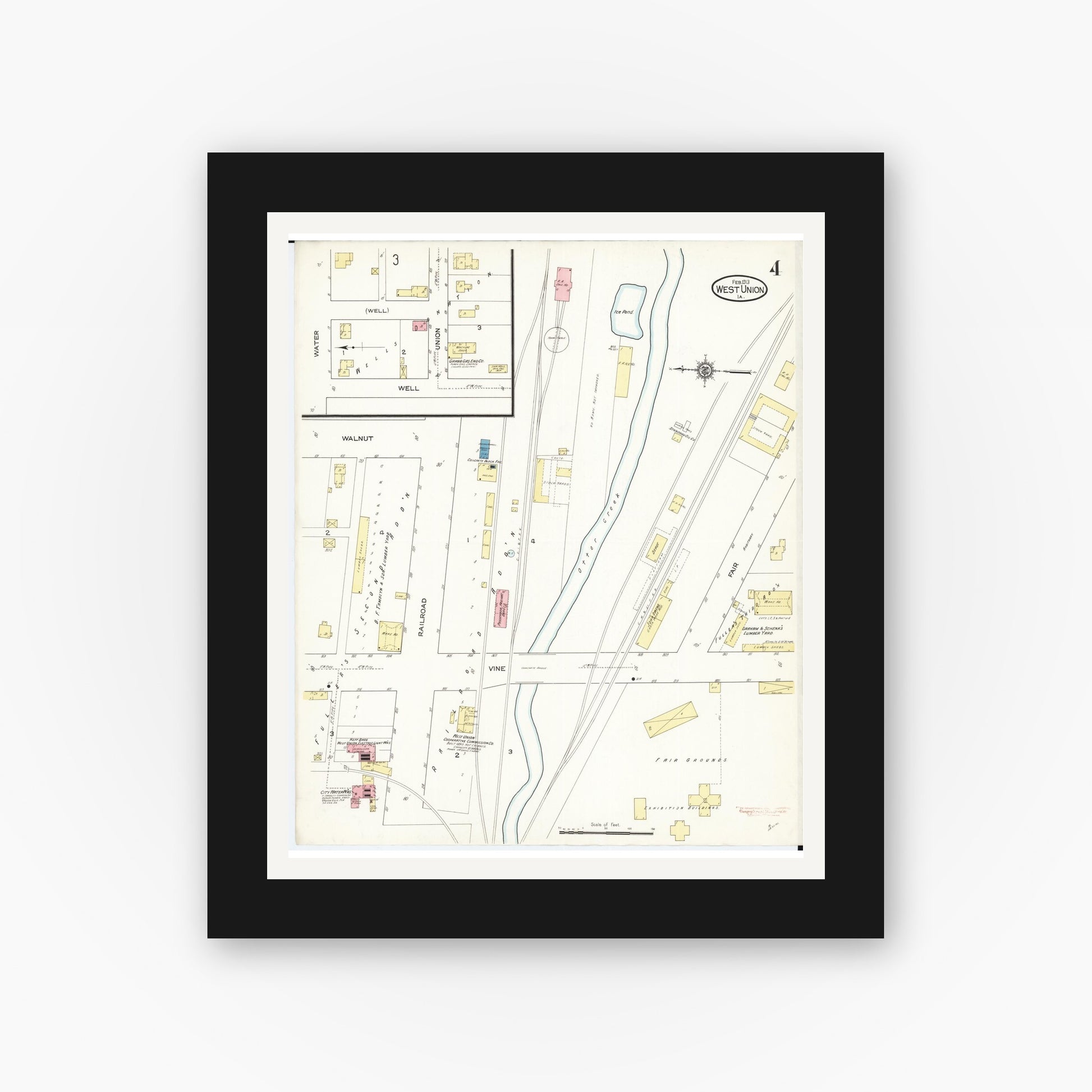Old map wall art mockup — black gallery frame with white mat — Sanborn Fire Insurance Map from West Union, Fayette County, Iowa (1913), Sheet #0004