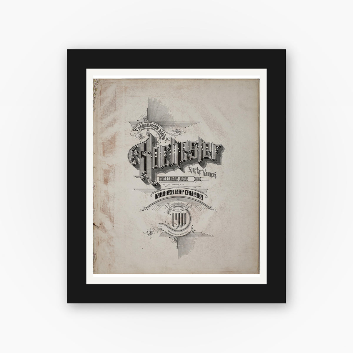 Old map wall art mockup — black gallery frame with white mat — Sanborn Fire Insurance Map from Rochester, Monroe County, New York (1911), Sheet #0001