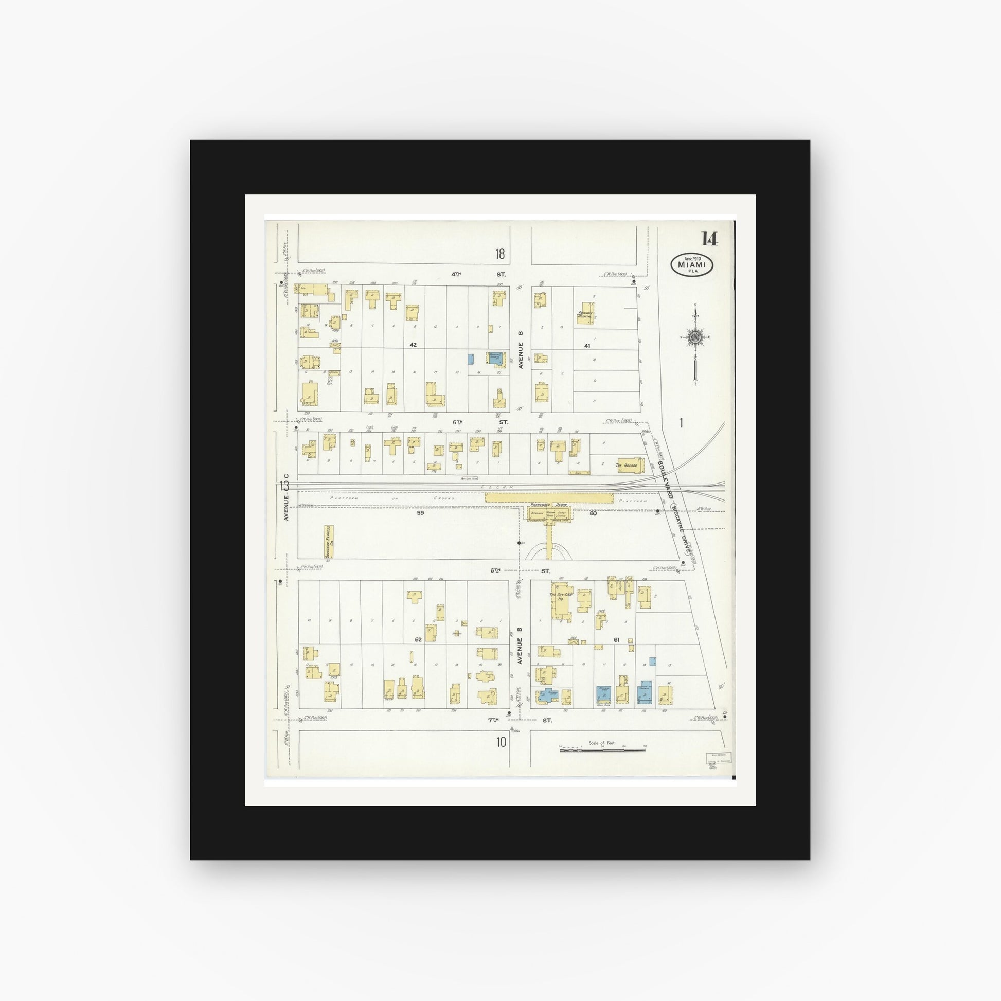 Old map wall art mockup — black gallery frame with white mat — Sanborn Fire Insurance Map from Miami, Dade County, Florida (1910), Sheet #0014