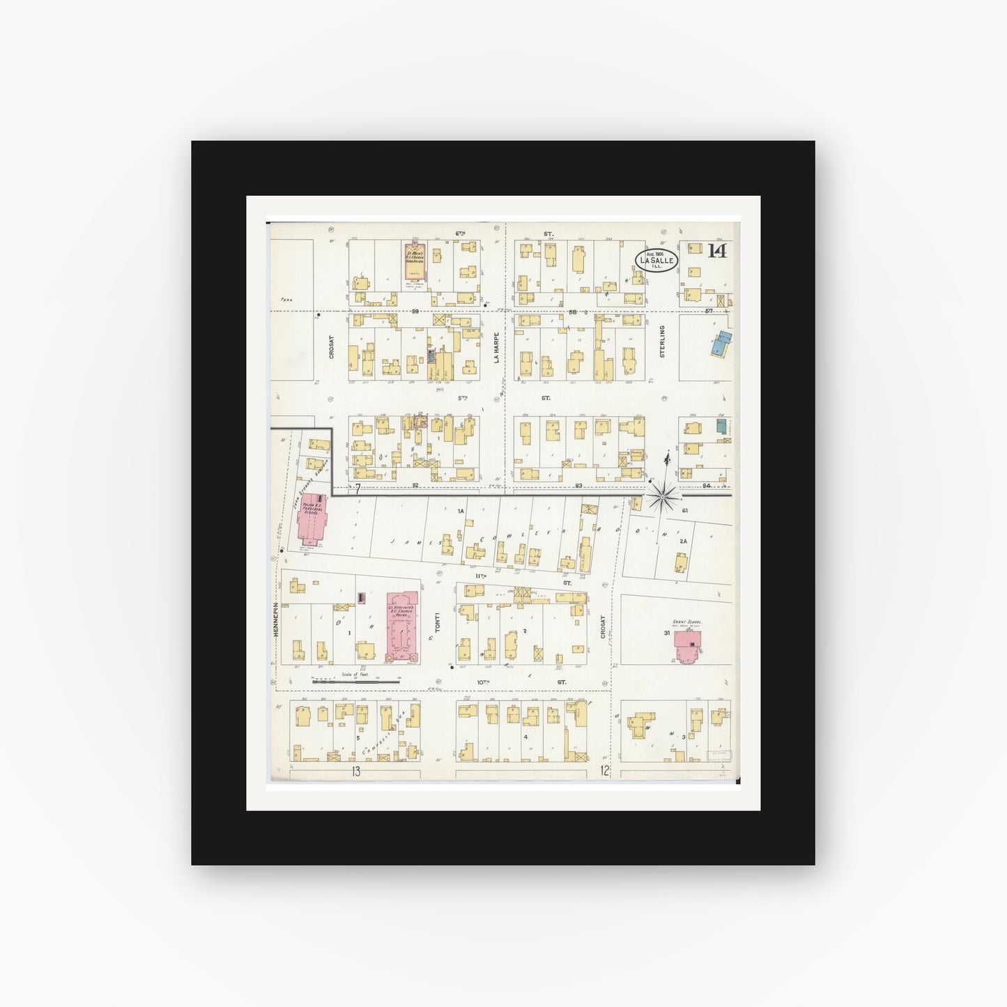 Old map wall art mockup — black gallery frame with white mat — Sanborn Fire Insurance Map from La Salle, La Salle County, Illinois (1906), Sheet #0014