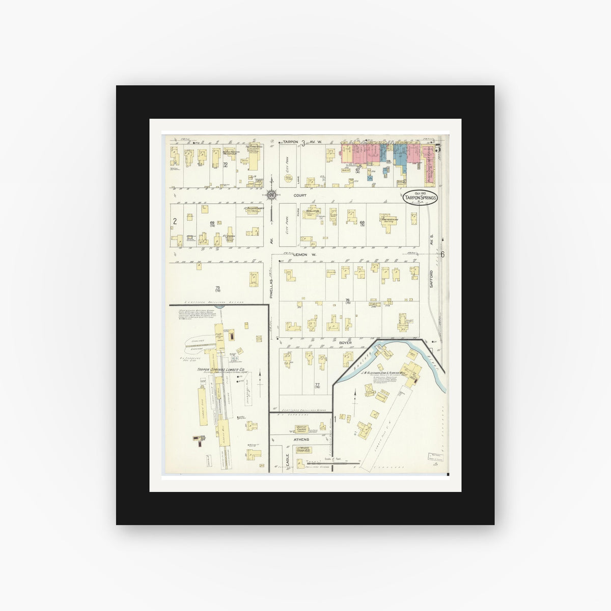 Old map wall art mockup — black gallery frame with white mat — Sanborn Fire Insurance Map from Tarpon Springs, Pinellas County, Florida (1913), Sheet #0005