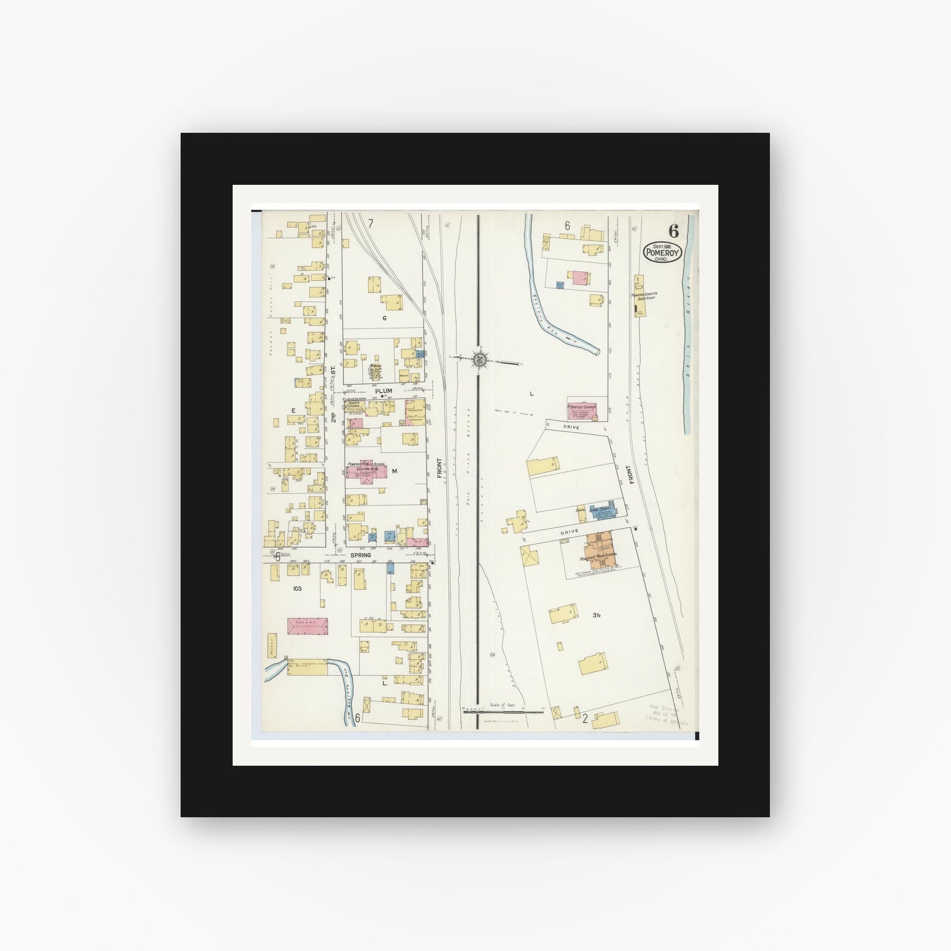 Old map wall art mockup — black gallery frame with white mat — Sanborn Fire Insurance Map from Pomeroy, Meigs County, Ohio (1916), Sheet #0006