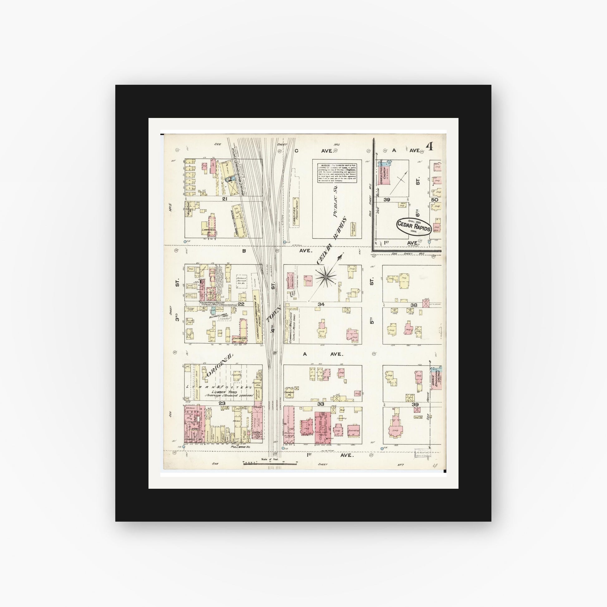 Old map wall art mockup — black gallery frame with white mat — Sanborn Fire Insurance Map from Cedar Rapids, Linn County, Iowa (1884), Sheet #0004