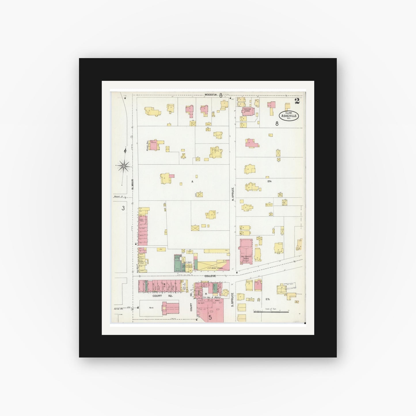 Old map wall art mockup — black gallery frame with white mat — Sanborn Fire Insurance Map from Asheville, Buncombe County, North Carolina (1901), Sheet #0002