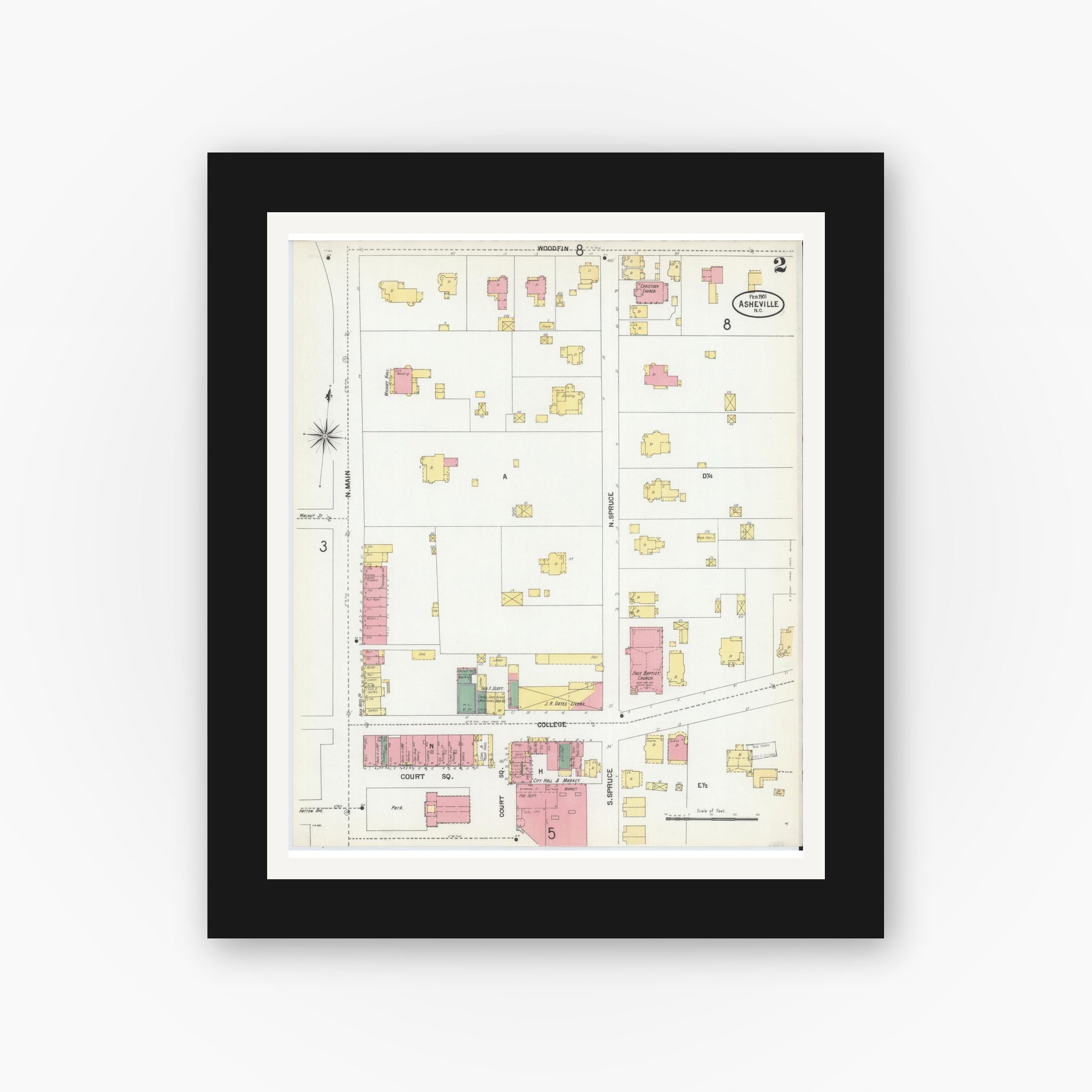 Old map wall art mockup — black gallery frame with white mat — Sanborn Fire Insurance Map from Asheville, Buncombe County, North Carolina (1901), Sheet #0002