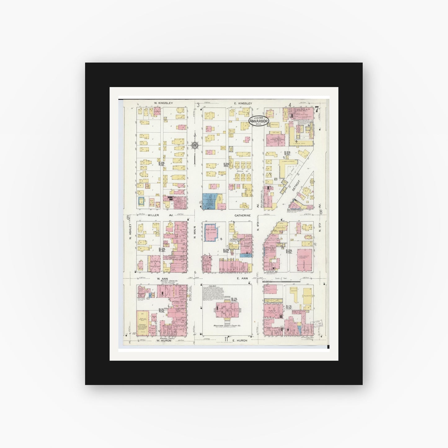 Old map wall art mockup — black gallery frame with white mat — Sanborn Fire Insurance Map from Ann Arbor, Washtenaw County, Michigan (1916), Sheet #0007