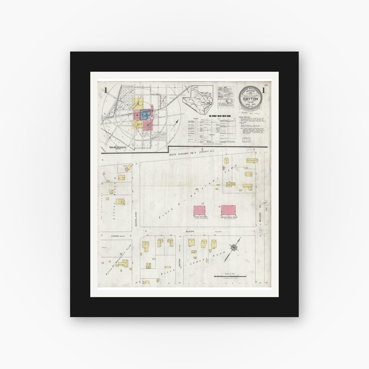 Old map wall art mockup — black gallery frame with white mat — Sanborn Fire Insurance Map from Dayton, Liberty County, Texas (1927) - Complete Map Set