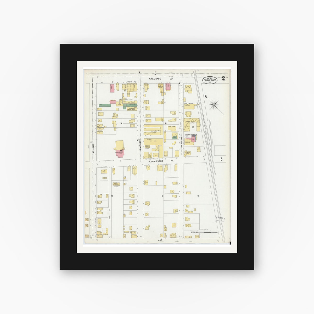 Old map wall art mockup — black gallery frame with white mat — Sanborn Fire Insurance Map from Englewood, Bergen County, New Jersey (1902), Sheet #0002