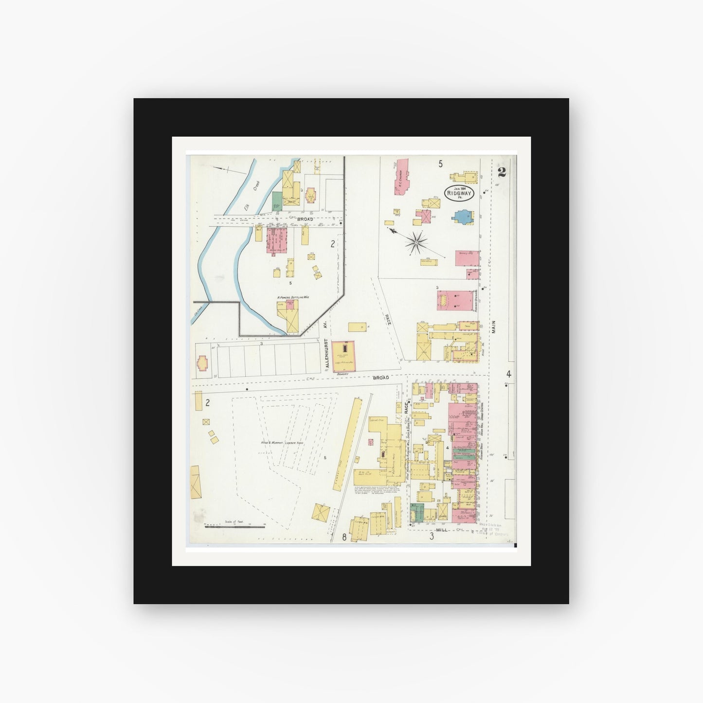 Old map wall art mockup — black gallery frame with white mat — Sanborn Fire Insurance Map from Ridgway, Elk County, Pennsylvania (1904), Sheet #0002