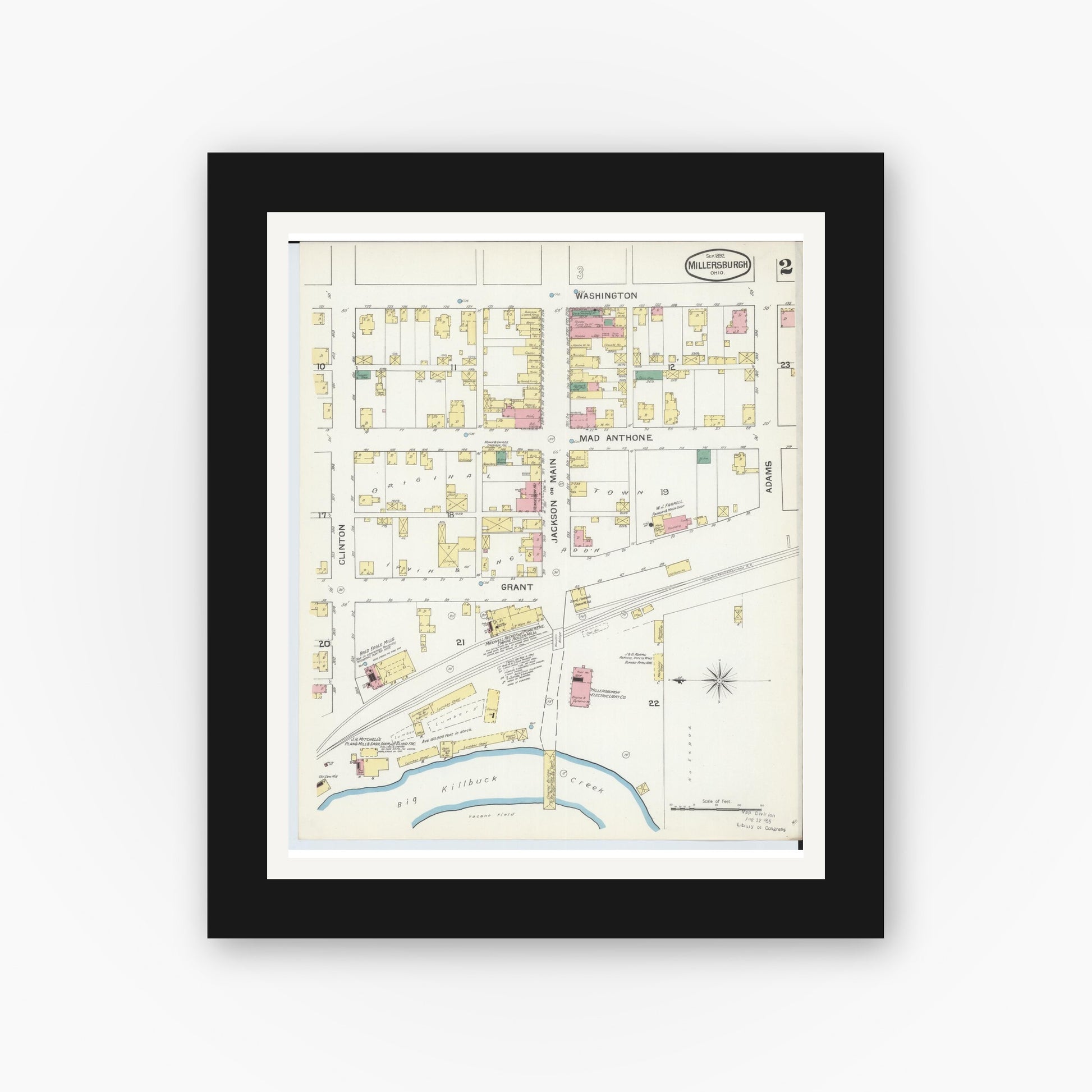 Old map wall art mockup — black gallery frame with white mat — Sanborn Fire Insurance Map from Millersburg, Holmes County, Ohio (1892), Sheet #0002