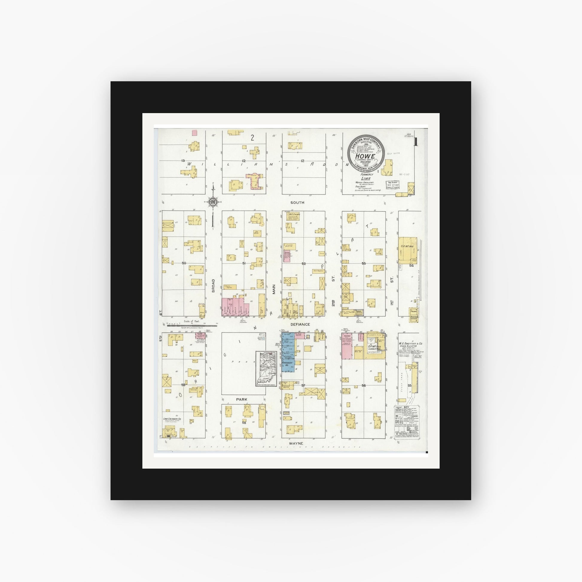 Old map wall art mockup — black gallery frame with white mat — Sanborn Fire Insurance Map from Howe, LaGrange County, Indiana (1917) - Complete Map Set